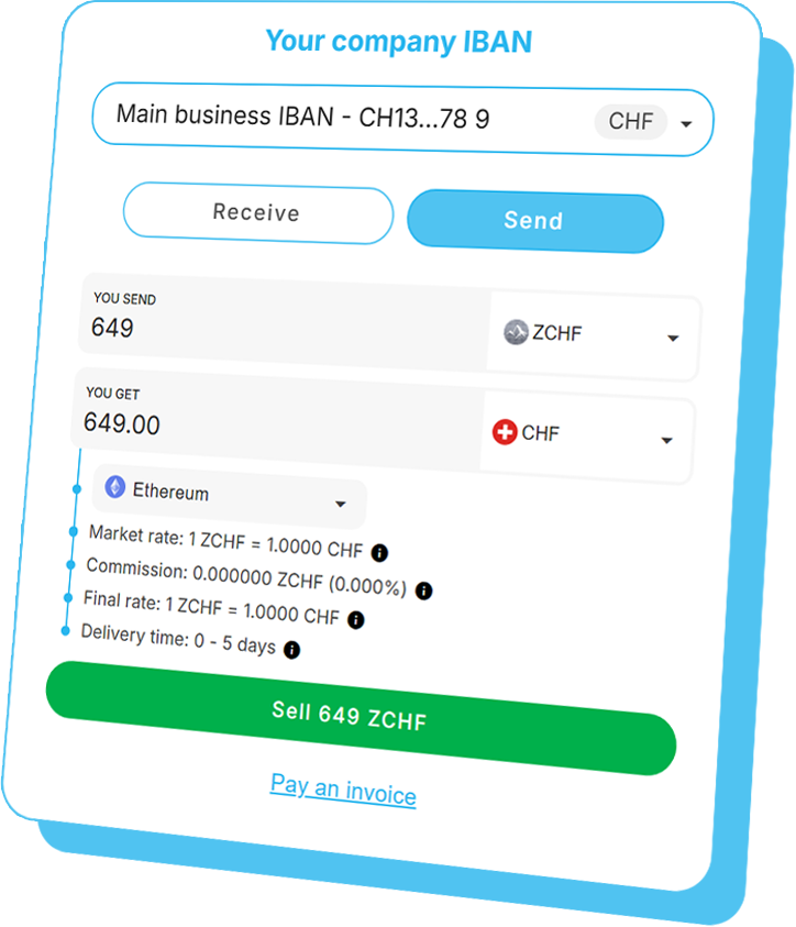 Mt Pelerin web app showing the sending screen of a business crypto IBAN