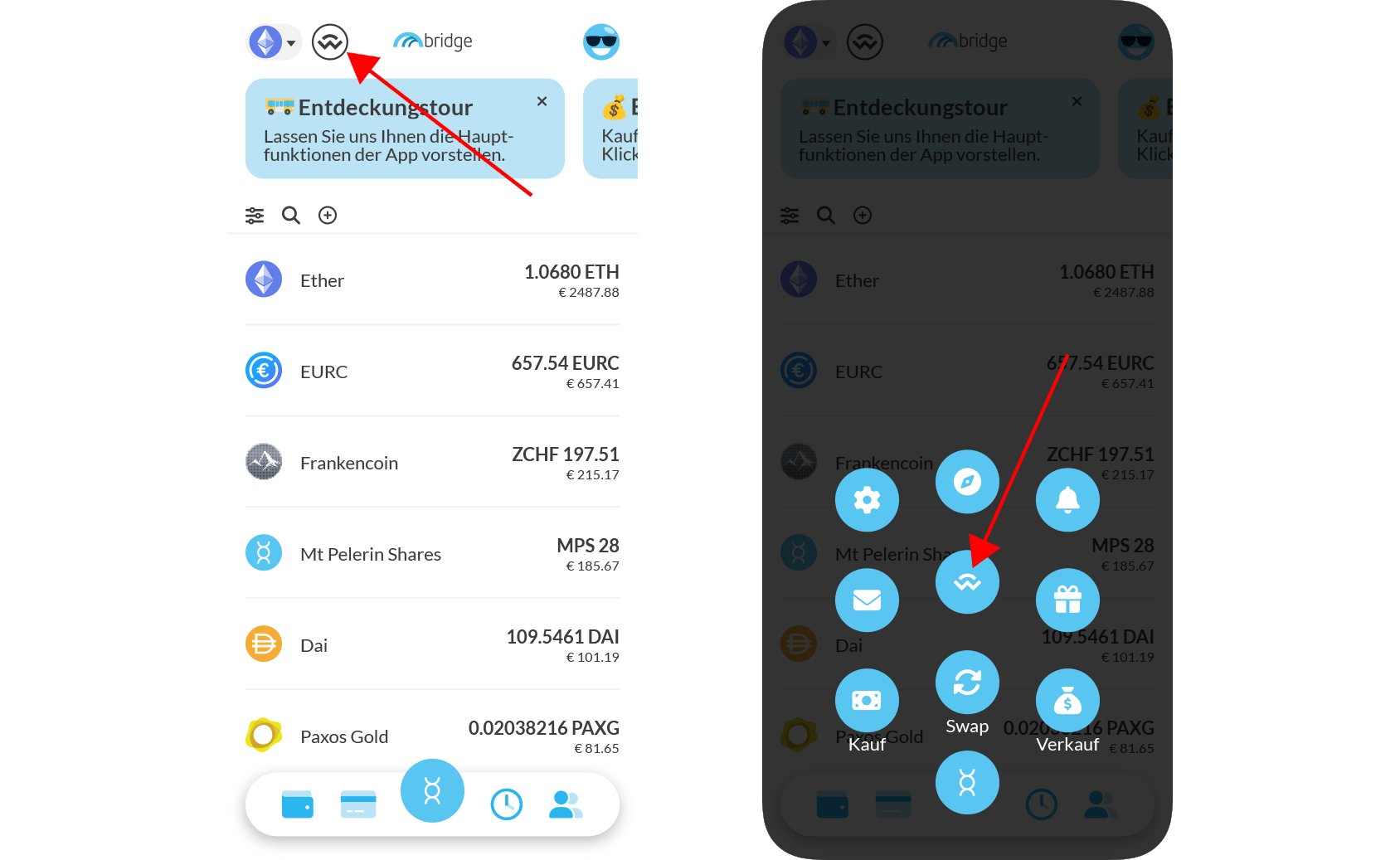 Die WalletConnect-Schaltfläche in Bridge Wallet. Die WalletConnect-Schaltfläche in Bridge Wallet.