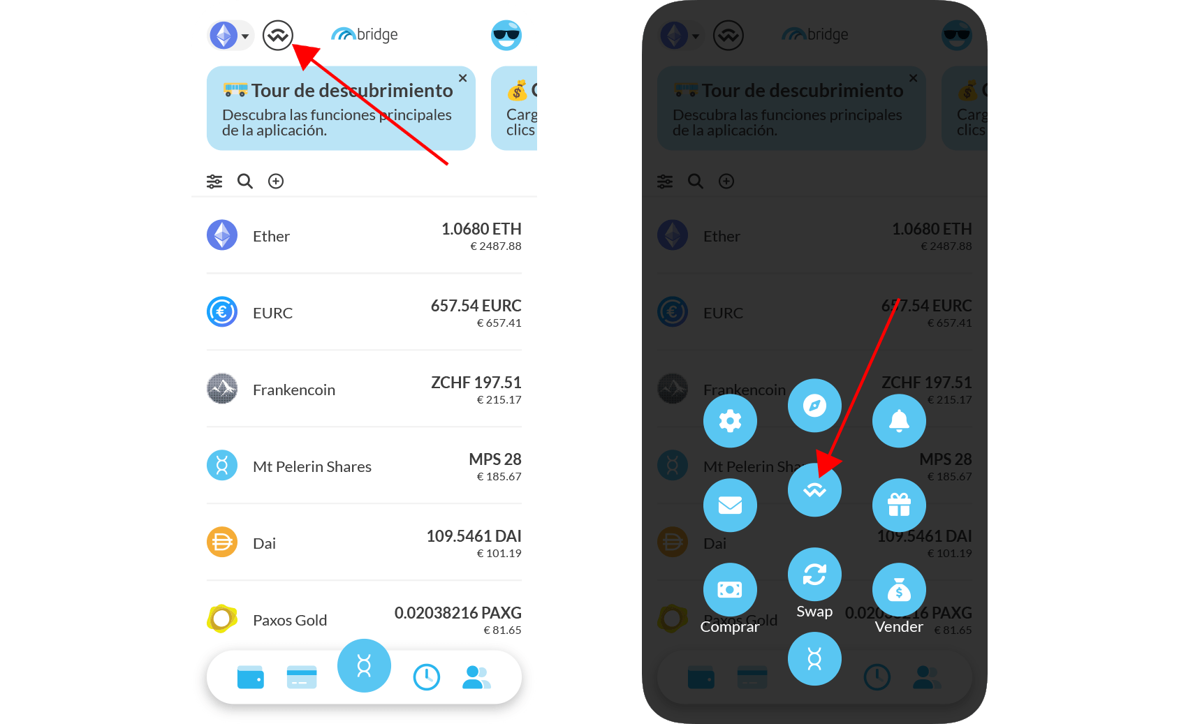 El botón WalletConnect en Bridge Wallet.