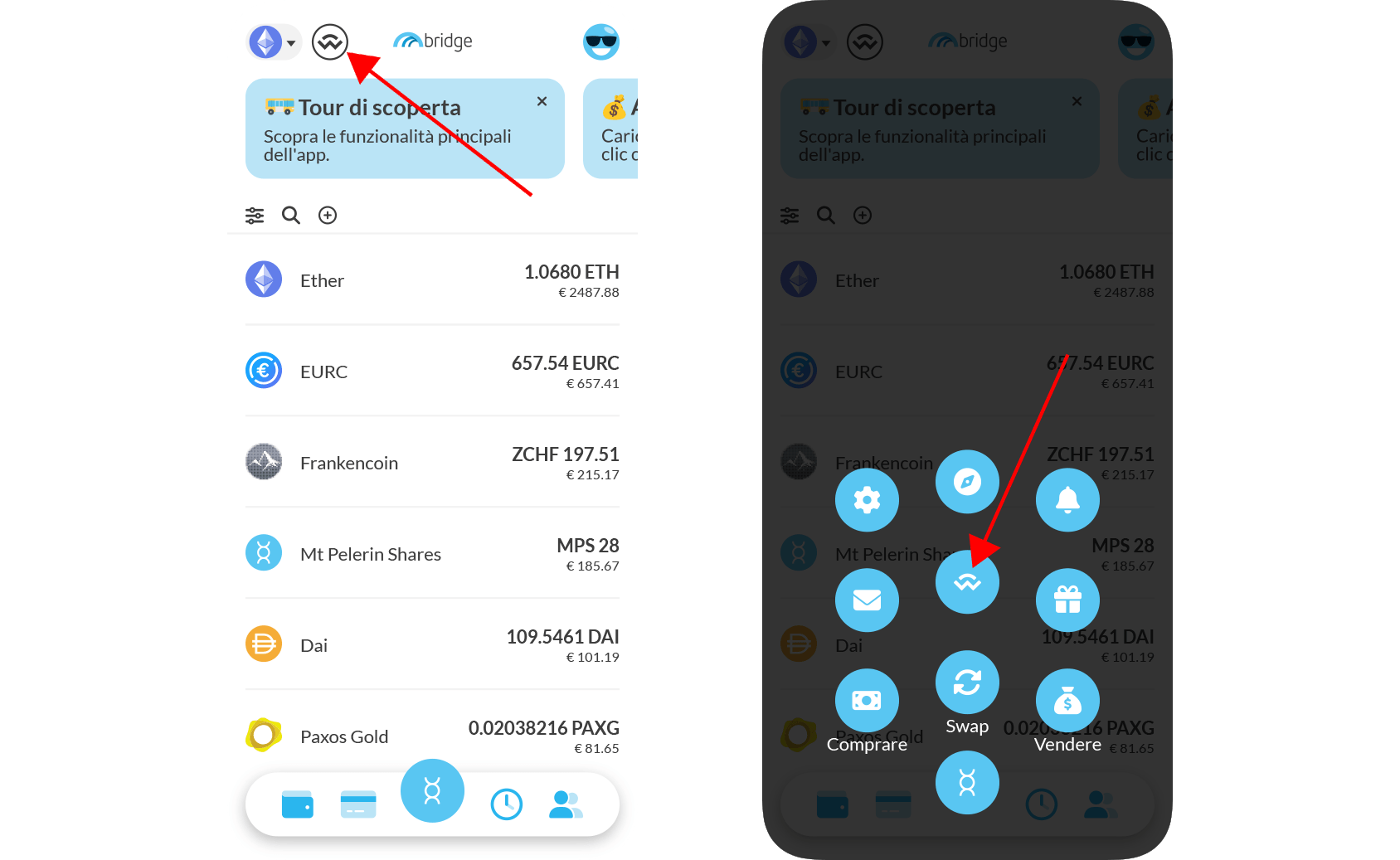 Il pulsante WalletConnect in Bridge Wallet.