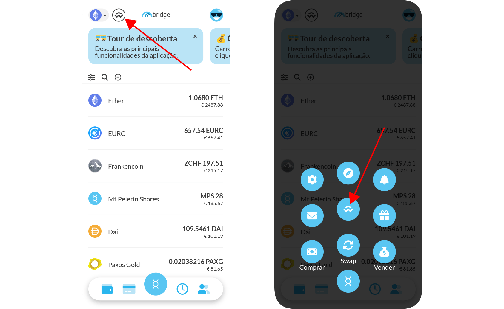 O botão WalletConnect no Bridge Wallet. O botão WalletConnect no Bridge Wallet.