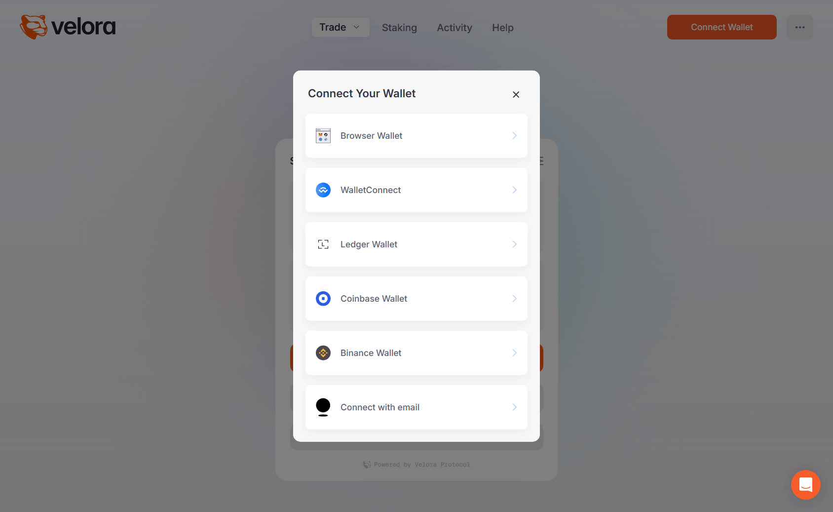The connect wallet options on Velora.