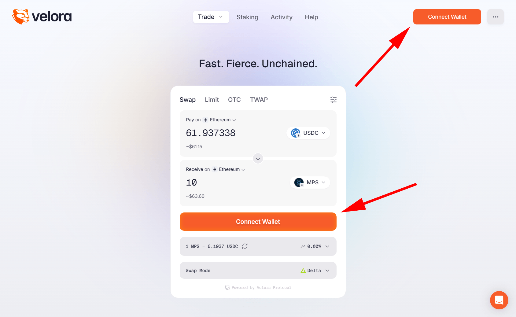 The connect wallet button on Velora.