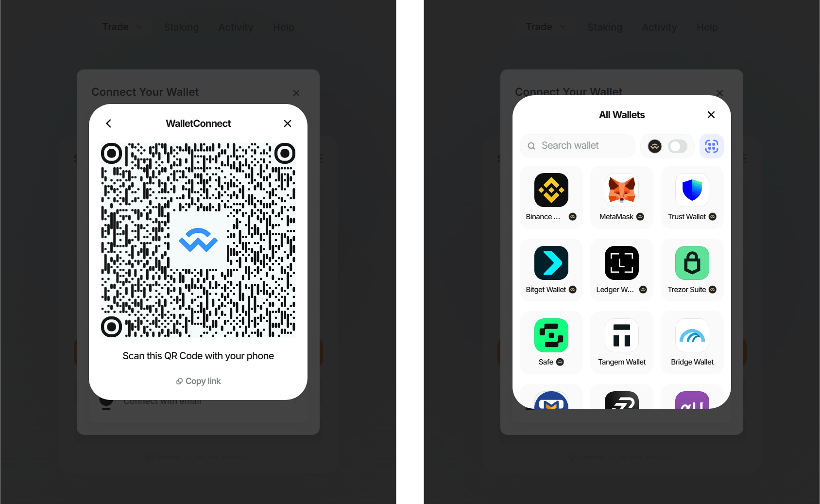 WalletConnect's desktop QR code and mobile wallet list.