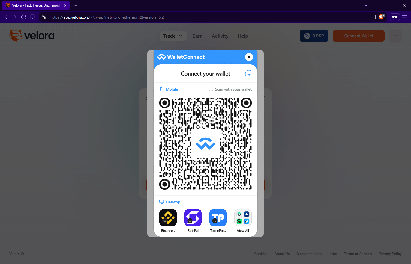 Velora WalletConnect QR code