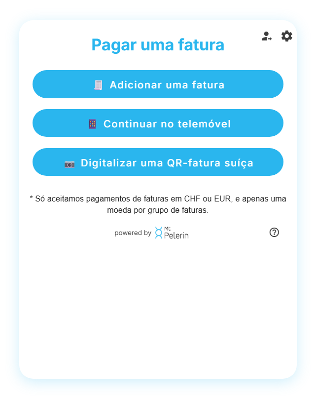 Captura de ecrã das opções disponíveis para carregar uma fatura Captura de ecrã das opções disponíveis para carregar uma fatura