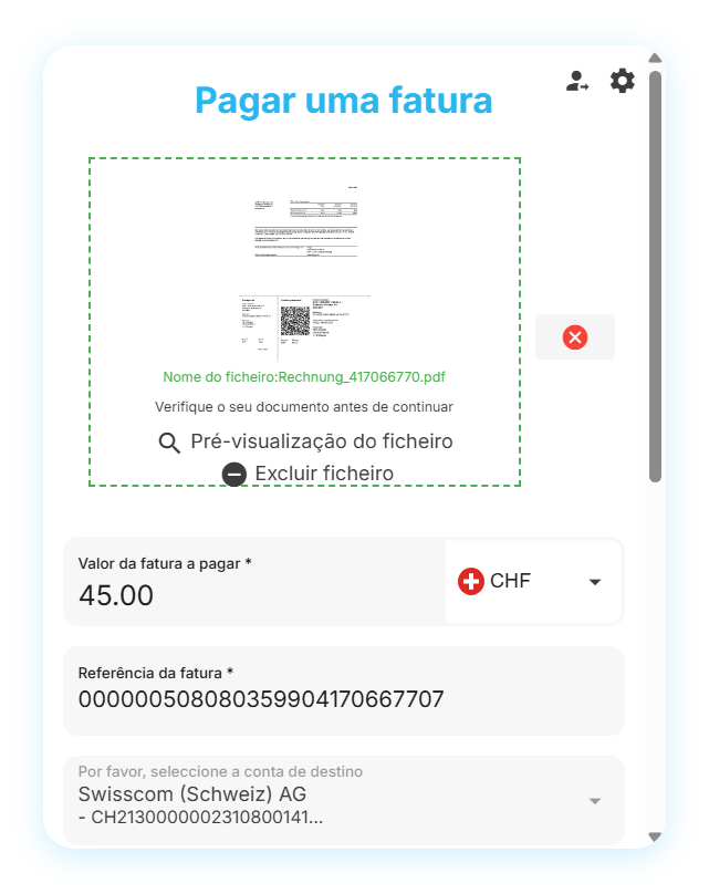 Captura de ecrã de uma QR-fatura suíça digitalizada com sucesso Captura de ecrã de uma QR-fatura suíça digitalizada com sucesso