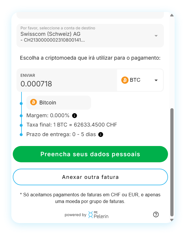 Captura de ecrã da escolha da criptomoeda para o pagamento da fatura Captura de ecrã da escolha da criptomoeda para o pagamento da fatura
