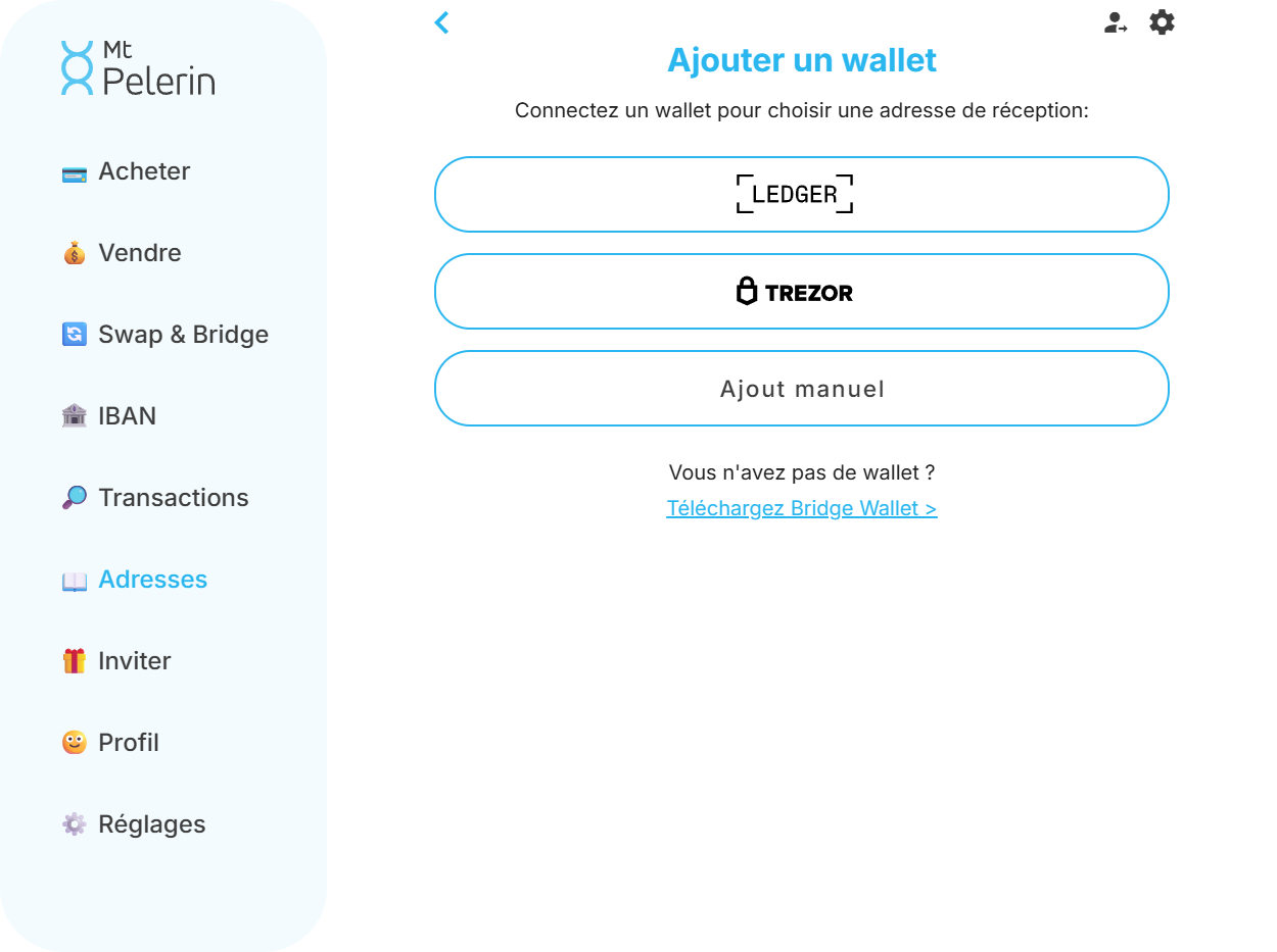 Capture d'écran de l'écran d'ajout d'une nouvelle adresse de wallet Bitcoin sur la web app Mt Pelerin Capture d'écran de l'écran d'ajout d'une nouvelle adresse de wallet Bitcoin sur la web app Mt Pelerin