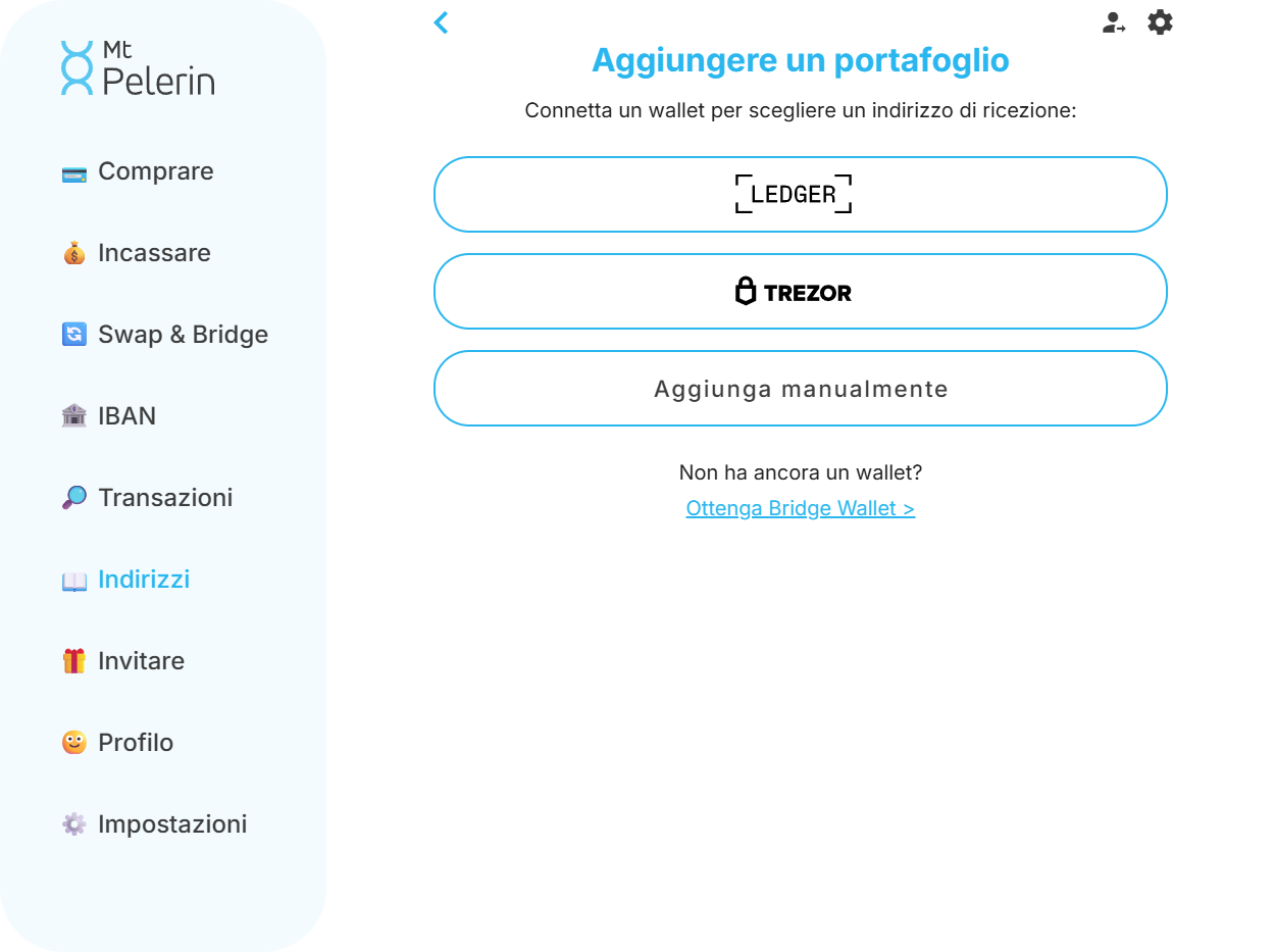 Screenshot della schermata della web app Mt Pelerin per aggiungere un nuovo indirizzo wallet Bitcoin Screenshot della schermata della web app Mt Pelerin per aggiungere un nuovo indirizzo wallet Bitcoin