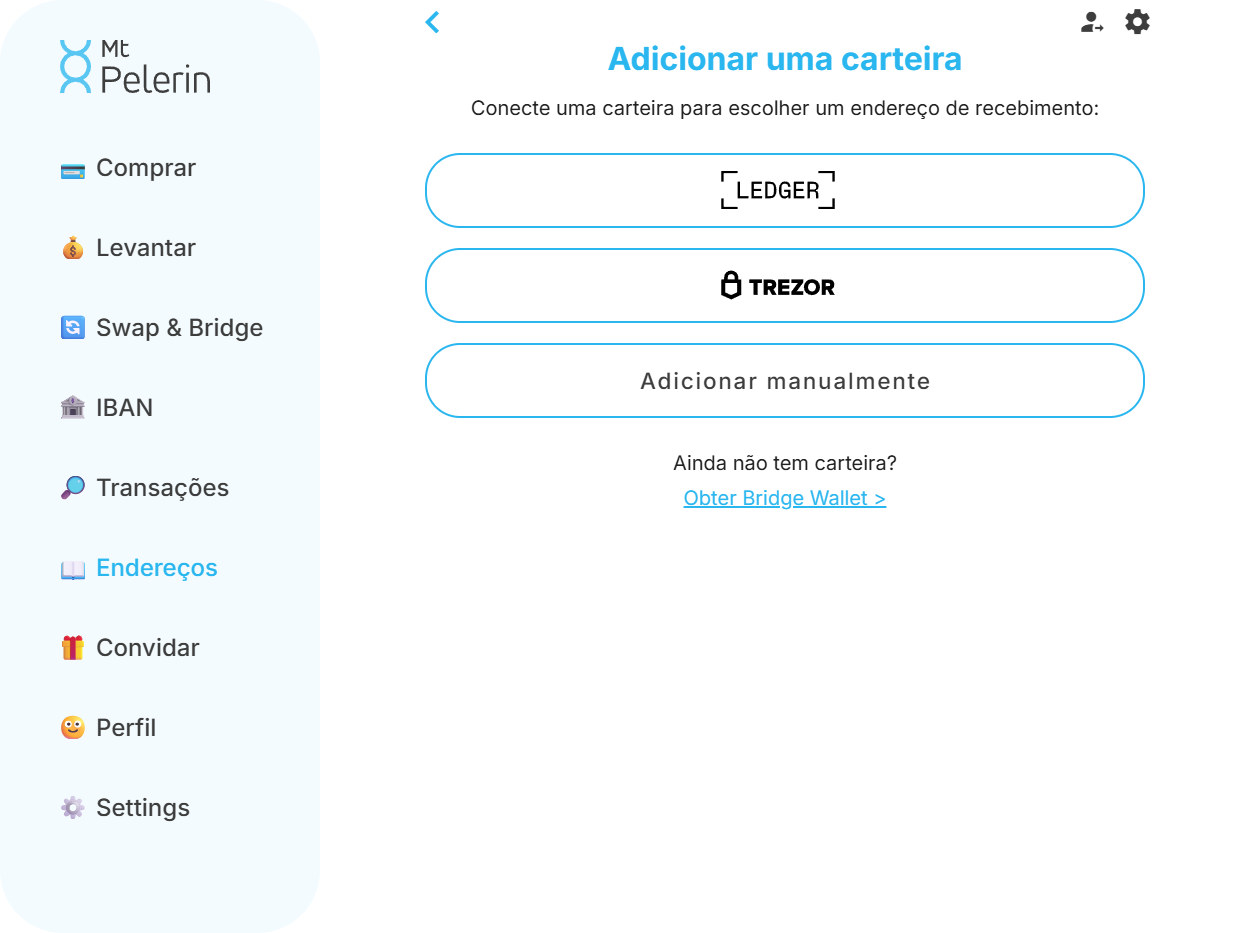 Captura de ecrã do ecrã da aplicação web da Mt Pelerin para adicionar um novo endereço de carteira Bitcoin