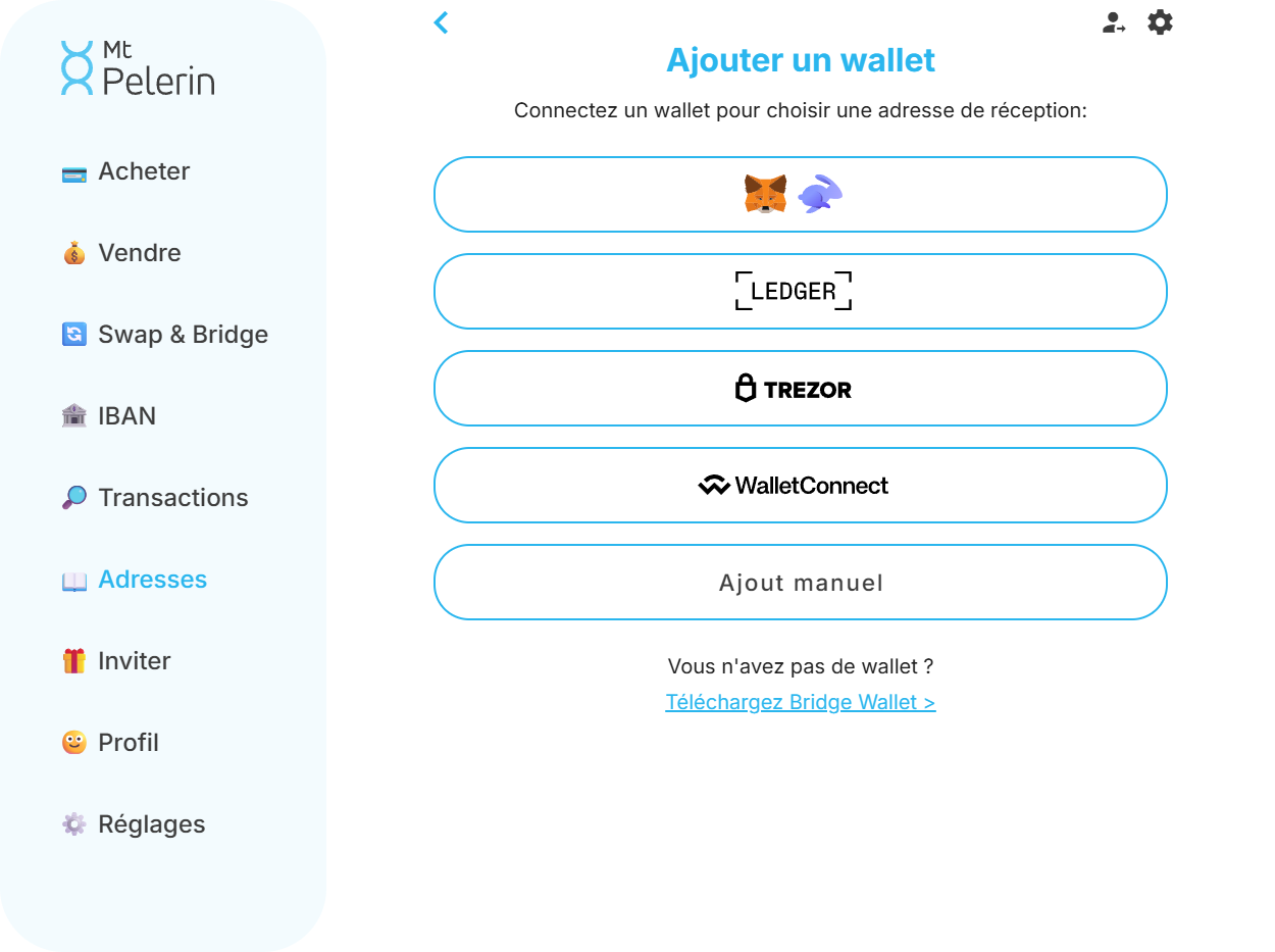 Capture d'écran de l'écran d'ajout d'une nouvelle adresse de wallet Ethereum sur la web app Mt Pelerin Capture d'écran de l'écran d'ajout d'une nouvelle adresse de wallet Ethereum sur la web app Mt Pelerin