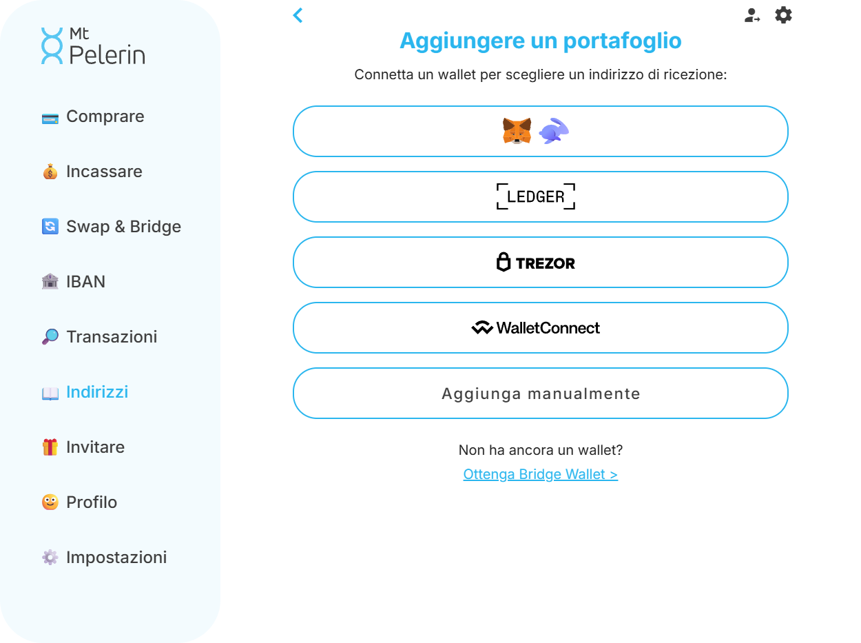 Screenshot della schermata della web app Mt Pelerin per aggiungere un nuovo indirizzo wallet Ethereum Screenshot della schermata della web app Mt Pelerin per aggiungere un nuovo indirizzo wallet Ethereum