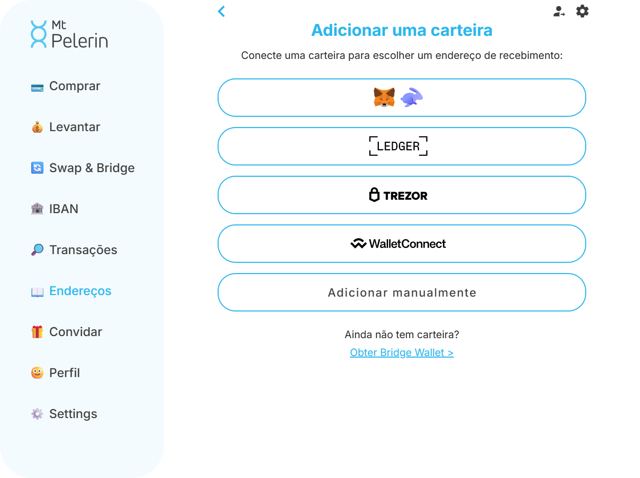 Captura de ecrã do ecrã da aplicação web da Mt Pelerin para adicionar um novo endereço de carteira Ethereum