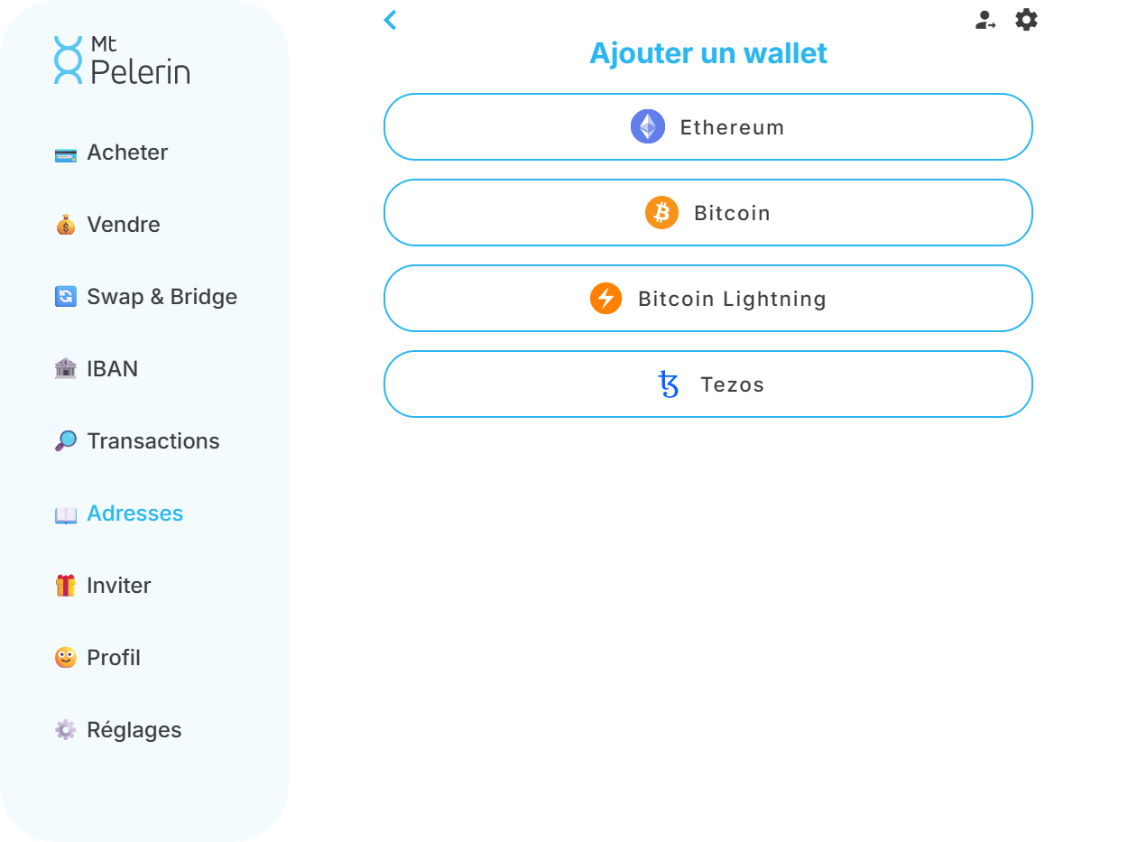 Capture d'écran de l'écran d'ajout d'une nouvelle adresse de wallet sur la web app Mt Pelerin Capture d'écran de l'écran d'ajout d'une nouvelle adresse de wallet sur la web app Mt Pelerin