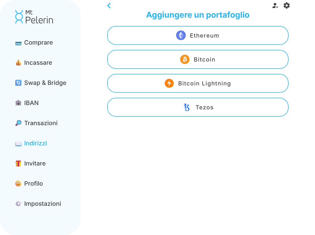 Screenshot della schermata della web app Mt Pelerin per aggiungere un nuovo indirizzo wallet Screenshot della schermata della web app Mt Pelerin per aggiungere un nuovo indirizzo wallet