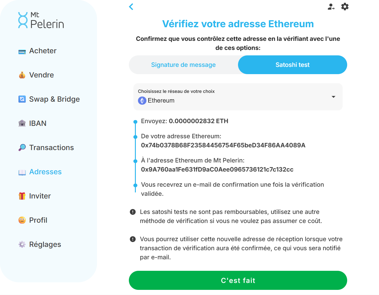 Capture d'écran de la web app Mt Pelerin montrant la méthode de vérification Ethereum par satoshi test Capture d'écran de la web app Mt Pelerin montrant la méthode de vérification Ethereum par satoshi test