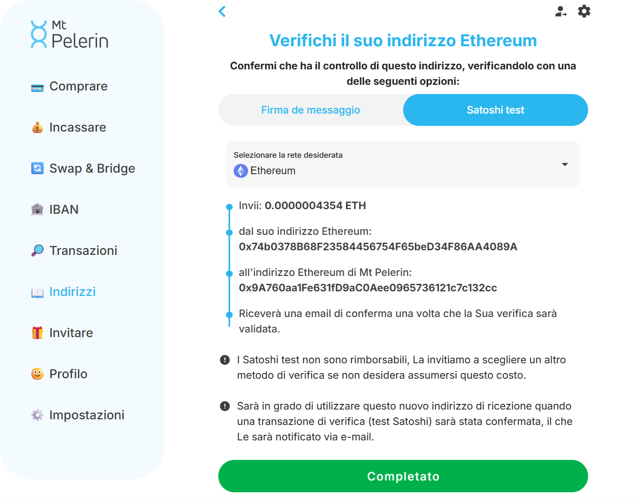 Screenshot della web app Mt Pelerin con il metodo di verifica Ethereum tramite satoshi test Screenshot della web app Mt Pelerin con il metodo di verifica Ethereum tramite satoshi test