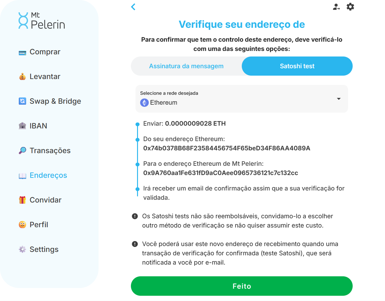 Captura de ecrã da aplicação web da Mt Pelerin com o método de verificação Ethereum por satoshi test