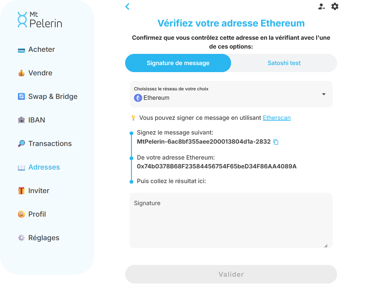 Capture d'écran de la web app Mt Pelerin montrant la méthode de vérification Ethereum par signature Capture d'écran de la web app Mt Pelerin montrant la méthode de vérification Ethereum par signature