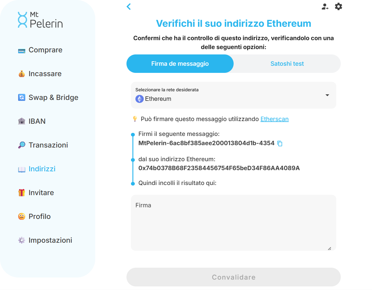 Screenshot della web app Mt Pelerin con il metodo di verifica Ethereum tramite firma Screenshot della web app Mt Pelerin con il metodo di verifica Ethereum tramite firma