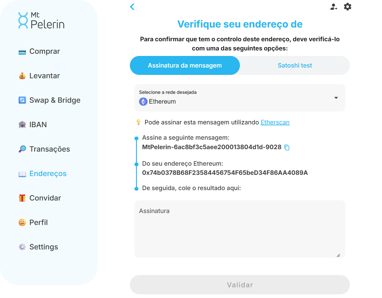 Captura de ecrã da aplicação web da Mt Pelerin com o método de verificação Ethereum por assinatura