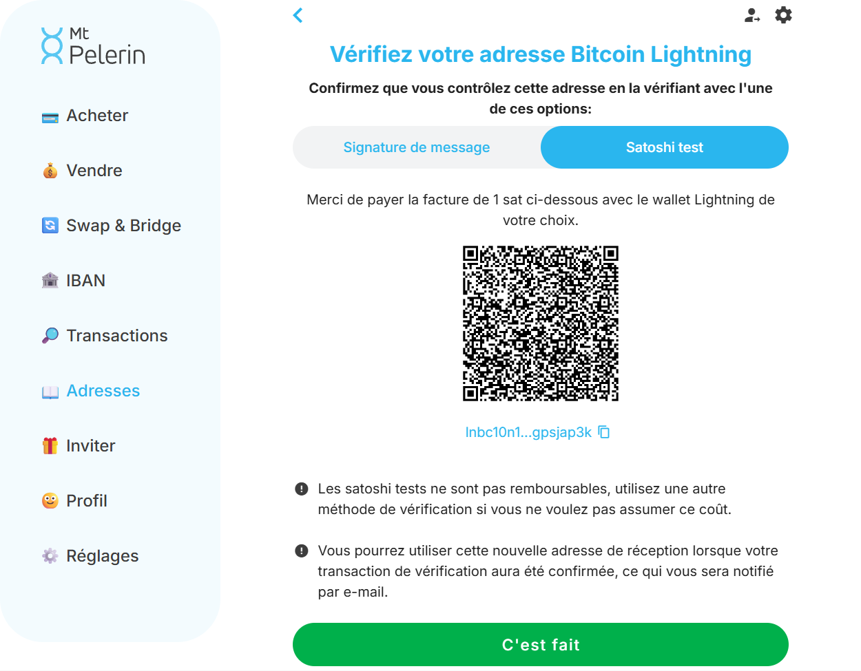 Capture d'écran de la web app Mt Pelerin montrant la méthode de vérification Lightning par satoshi test Capture d'écran de la web app Mt Pelerin montrant la méthode de vérification Lightning par satoshi test