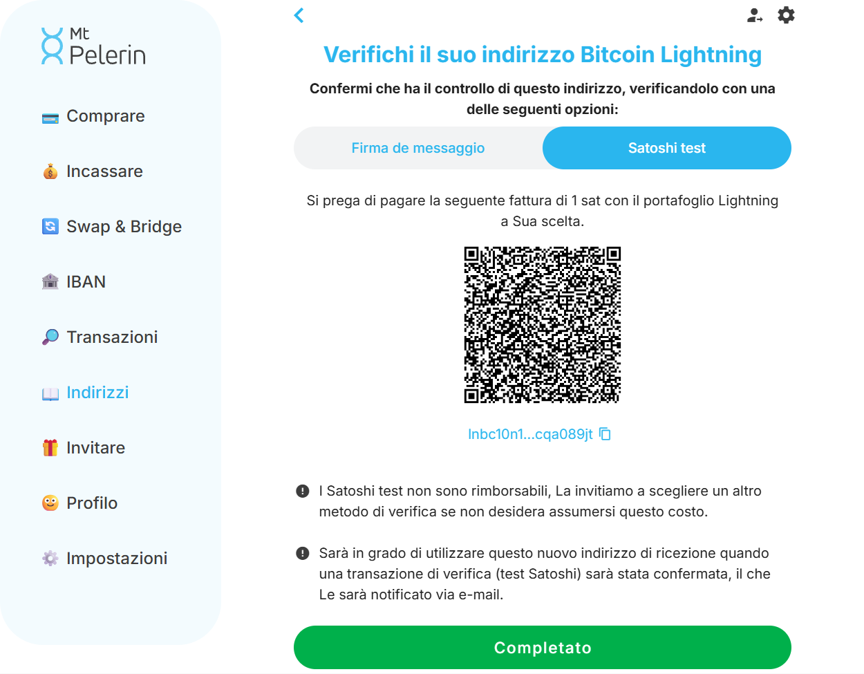 Screenshot della web app Mt Pelerin con il metodo di verifica Lightning tramite satoshi test Screenshot della web app Mt Pelerin con il metodo di verifica Lightning tramite satoshi test