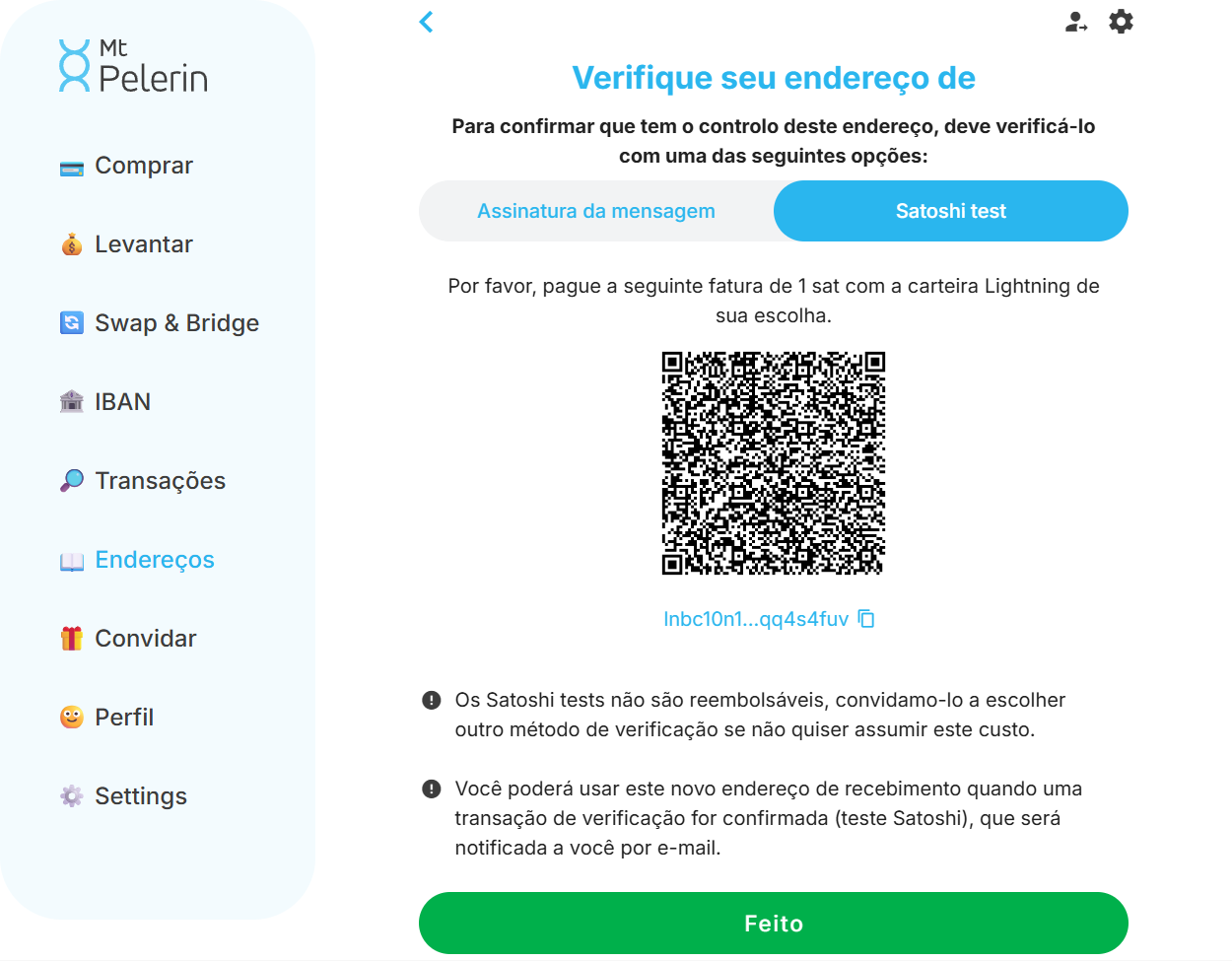 Captura de ecrã da aplicação web da Mt Pelerin com o método de verificação Lightning por satoshi test