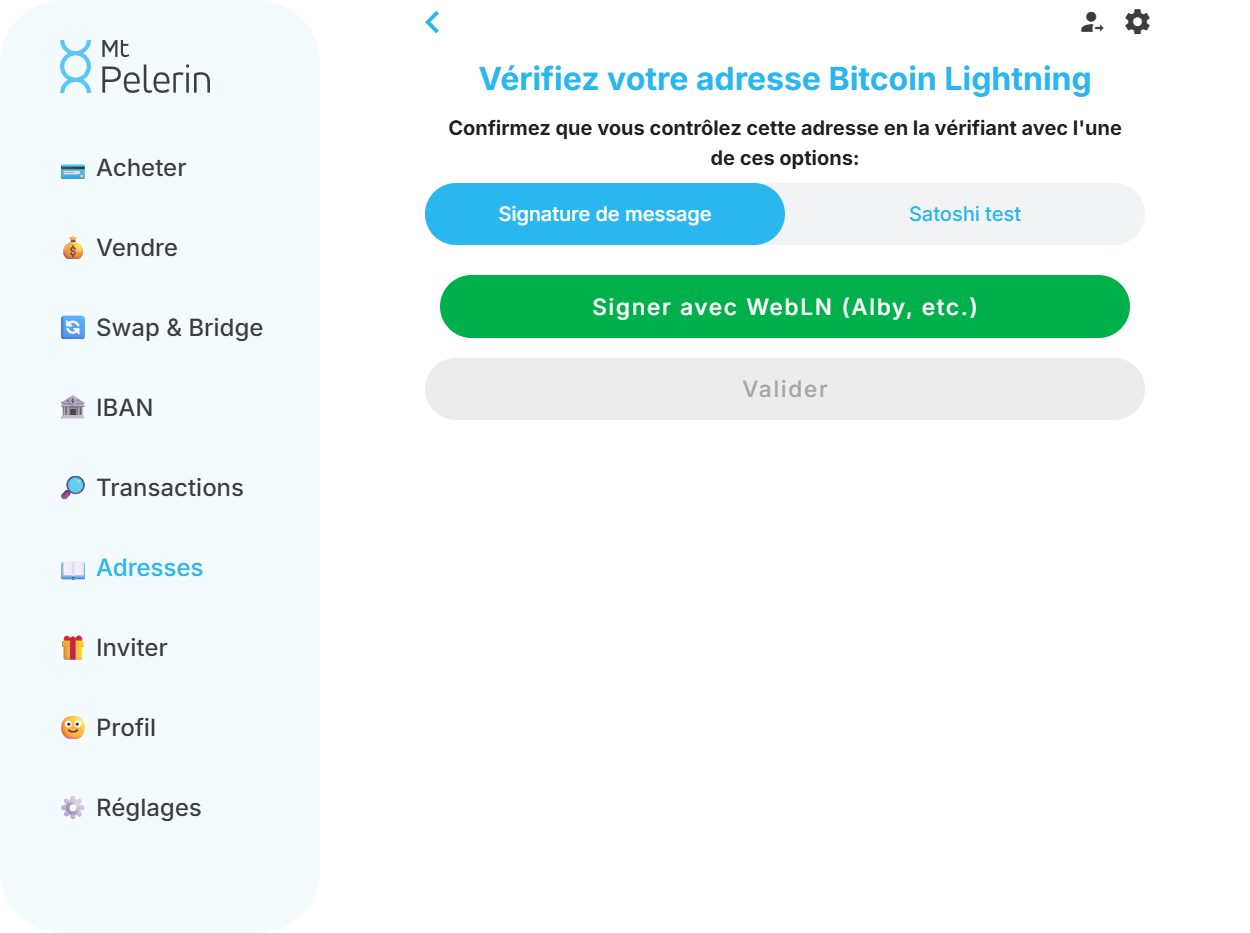 Capture d'écran de la web app Mt Pelerin pour vérifier une adresse Lightning via WebLN Capture d'écran de la web app Mt Pelerin pour vérifier une adresse Lightning via WebLN