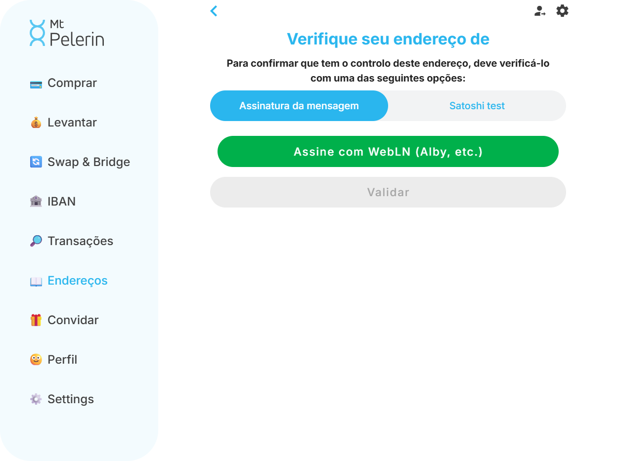 Captura de ecrã da aplicação web da Mt Pelerin para verificar um endereço Lightning através de WebLN