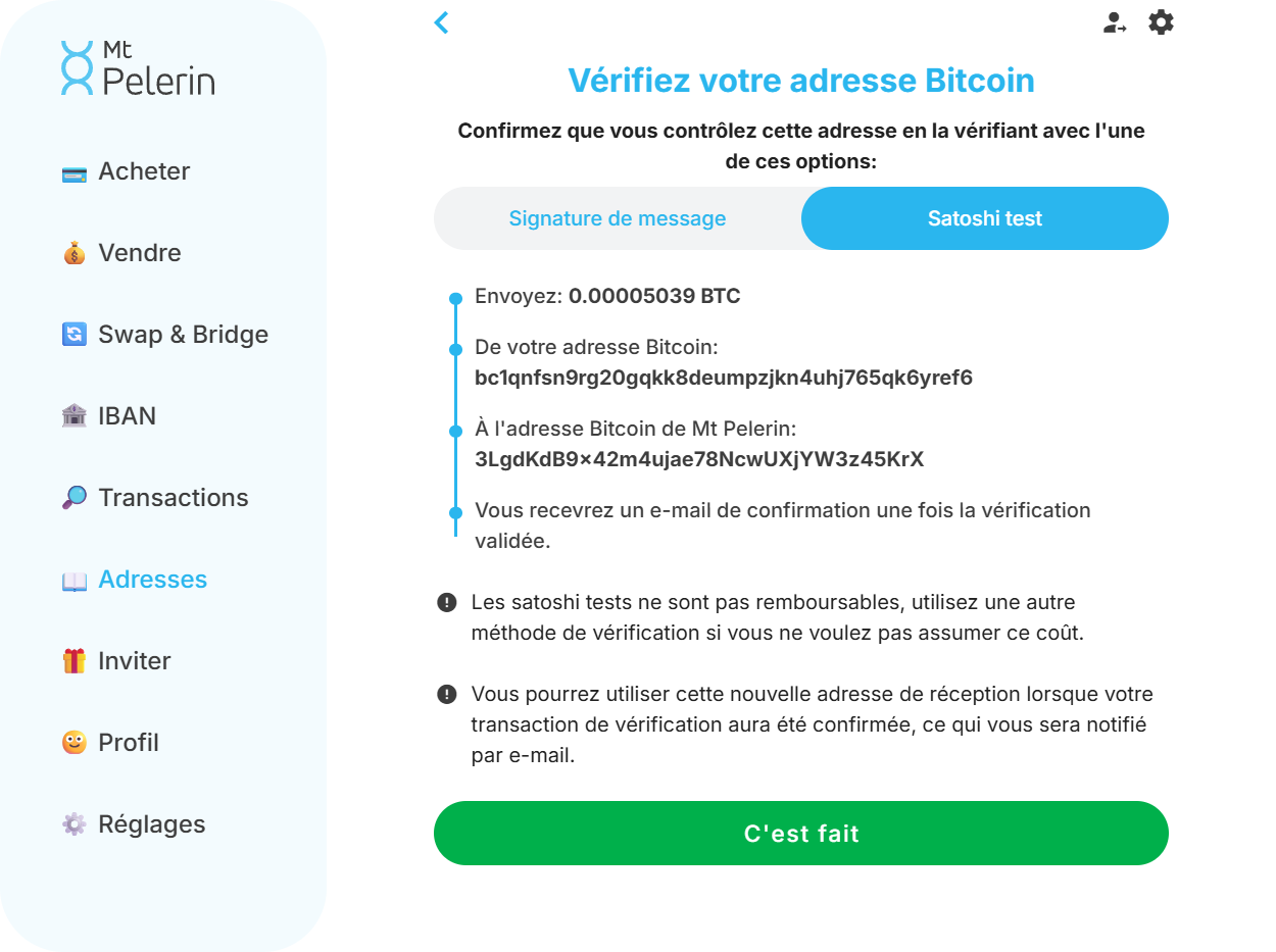 Capture d'écran de la web app Mt Pelerin montrant la méthode de vérification Bitcoin par satoshi test Capture d'écran de la web app Mt Pelerin montrant la méthode de vérification Bitcoin par satoshi test