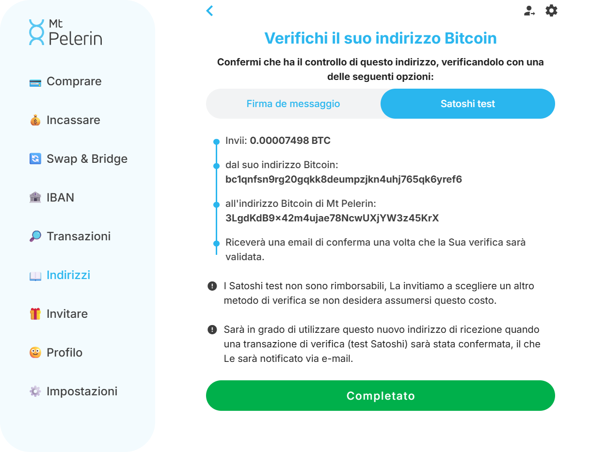 Screenshot della web app Mt Pelerin con il metodo di verifica Bitcoin tramite satoshi test Screenshot della web app Mt Pelerin con il metodo di verifica Bitcoin tramite satoshi test