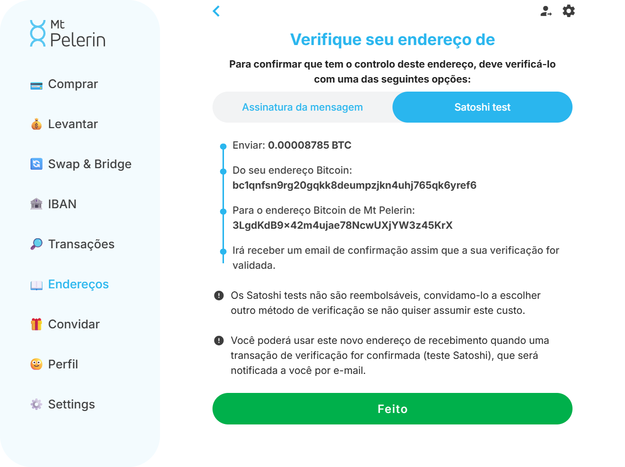 Captura de ecrã da aplicação web da Mt Pelerin com o método de verificação Bitcoin por satoshi test