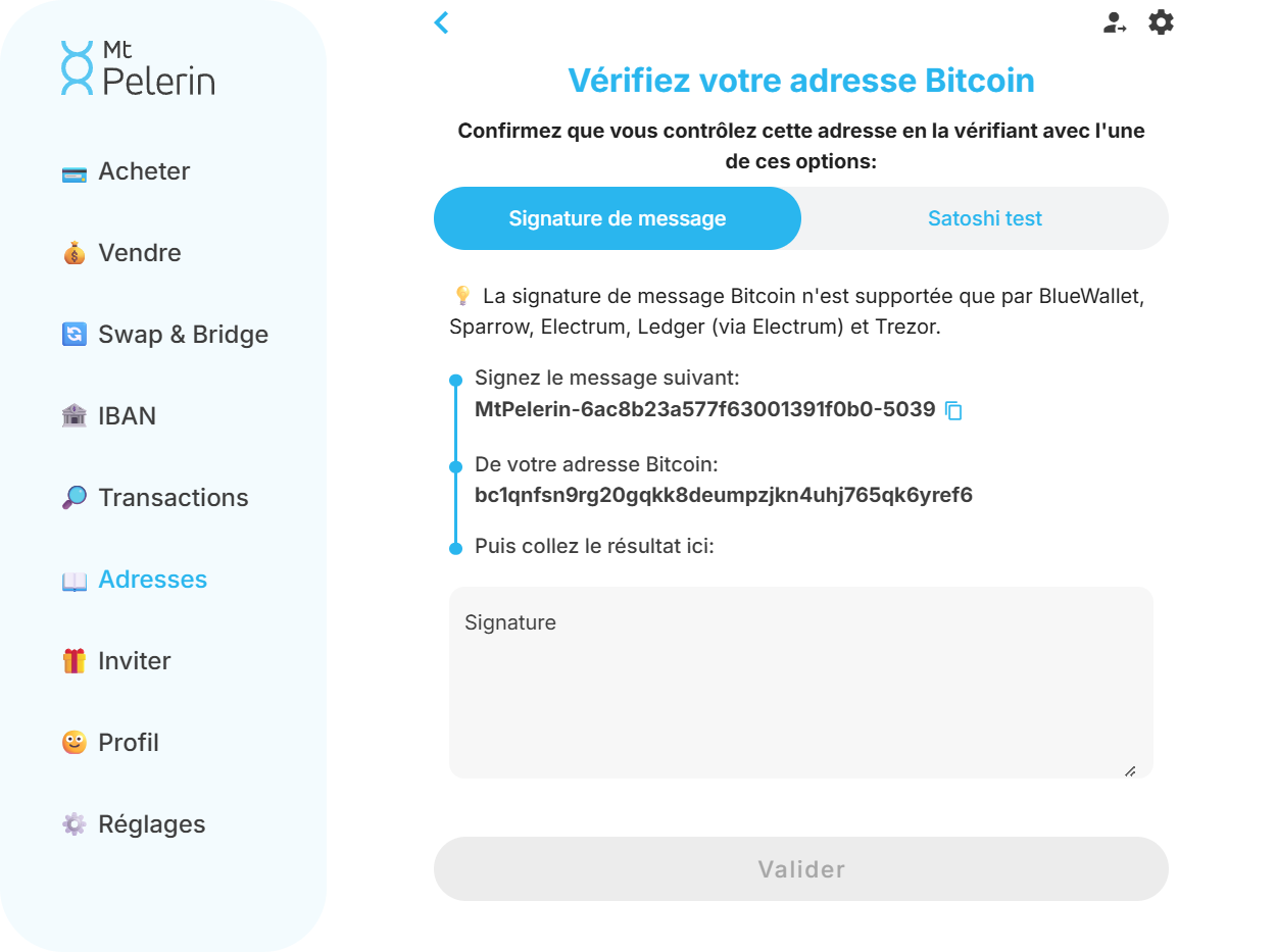 Capture d'écran de la web app Mt Pelerin montrant la méthode de vérification Bitcoin par signature Capture d'écran de la web app Mt Pelerin montrant la méthode de vérification Bitcoin par signature