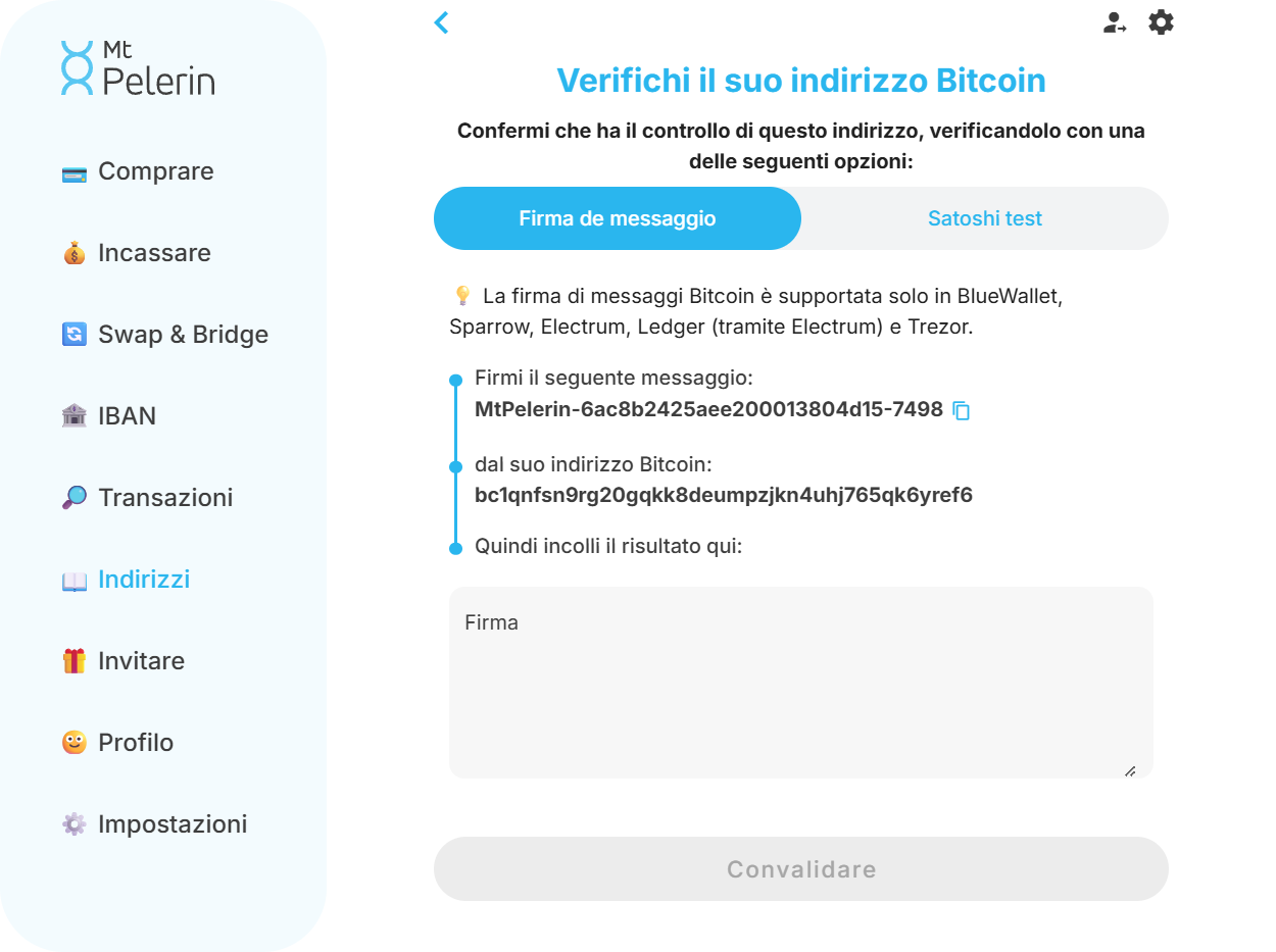 Screenshot della web app Mt Pelerin con il metodo di verifica Bitcoin tramite firma Screenshot della web app Mt Pelerin con il metodo di verifica Bitcoin tramite firma