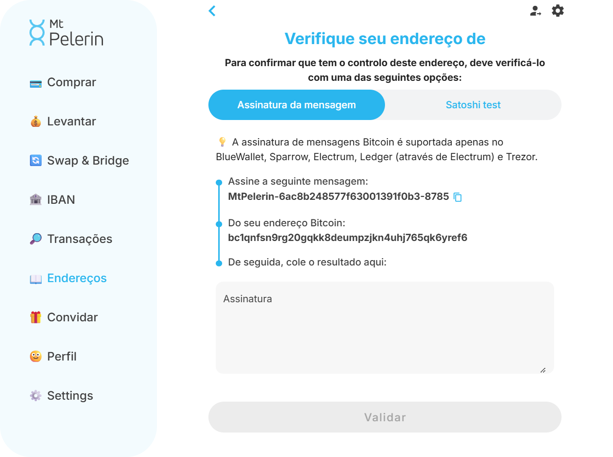 Captura de ecrã da aplicação web da Mt Pelerin com o método de verificação Bitcoin por assinatura
