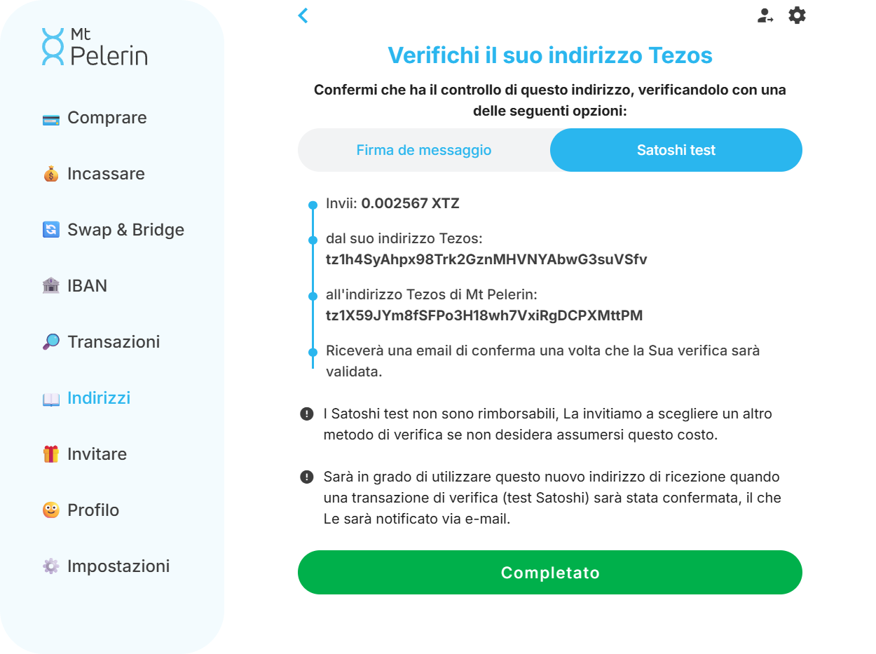 Screenshot della web app Mt Pelerin con il metodo di verifica Tezos tramite satoshi test Screenshot della web app Mt Pelerin con il metodo di verifica Tezos tramite satoshi test