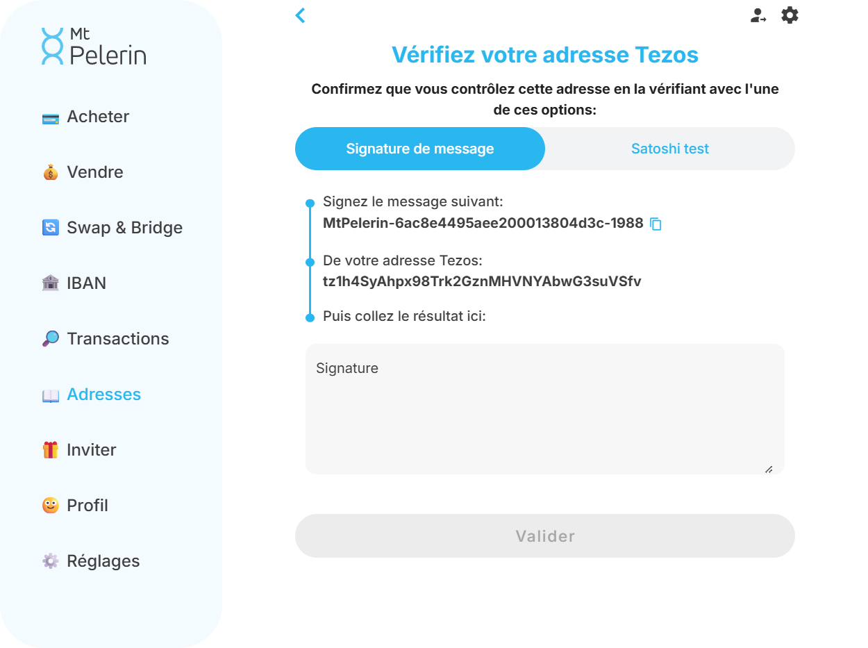 Capture d'écran de la web app Mt Pelerin pour vérifier une adresse Tezos par signature Capture d'écran de la web app Mt Pelerin pour vérifier une adresse Tezos par signature