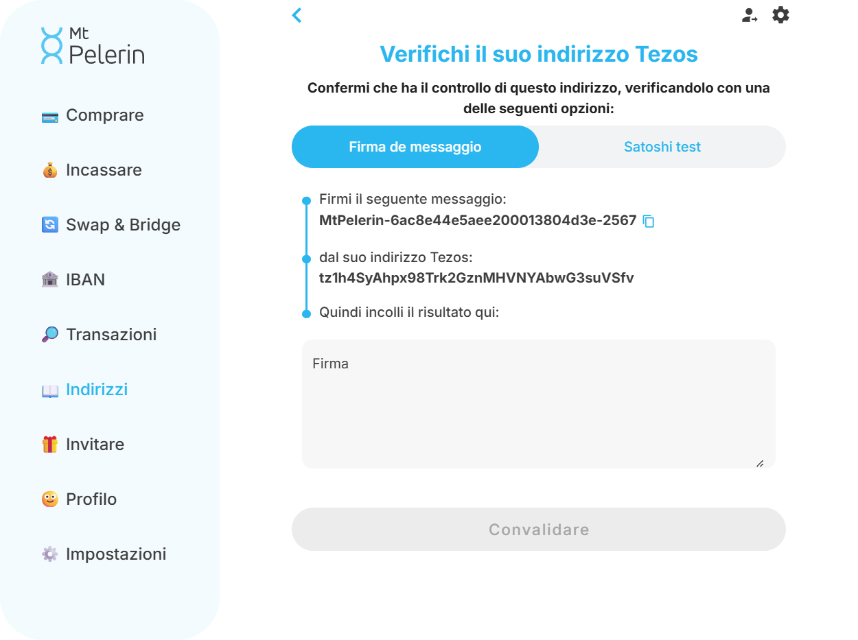 Screenshot della web app Mt Pelerin per verificare un indirizzo Tezos tramite firma Screenshot della web app Mt Pelerin per verificare un indirizzo Tezos tramite firma