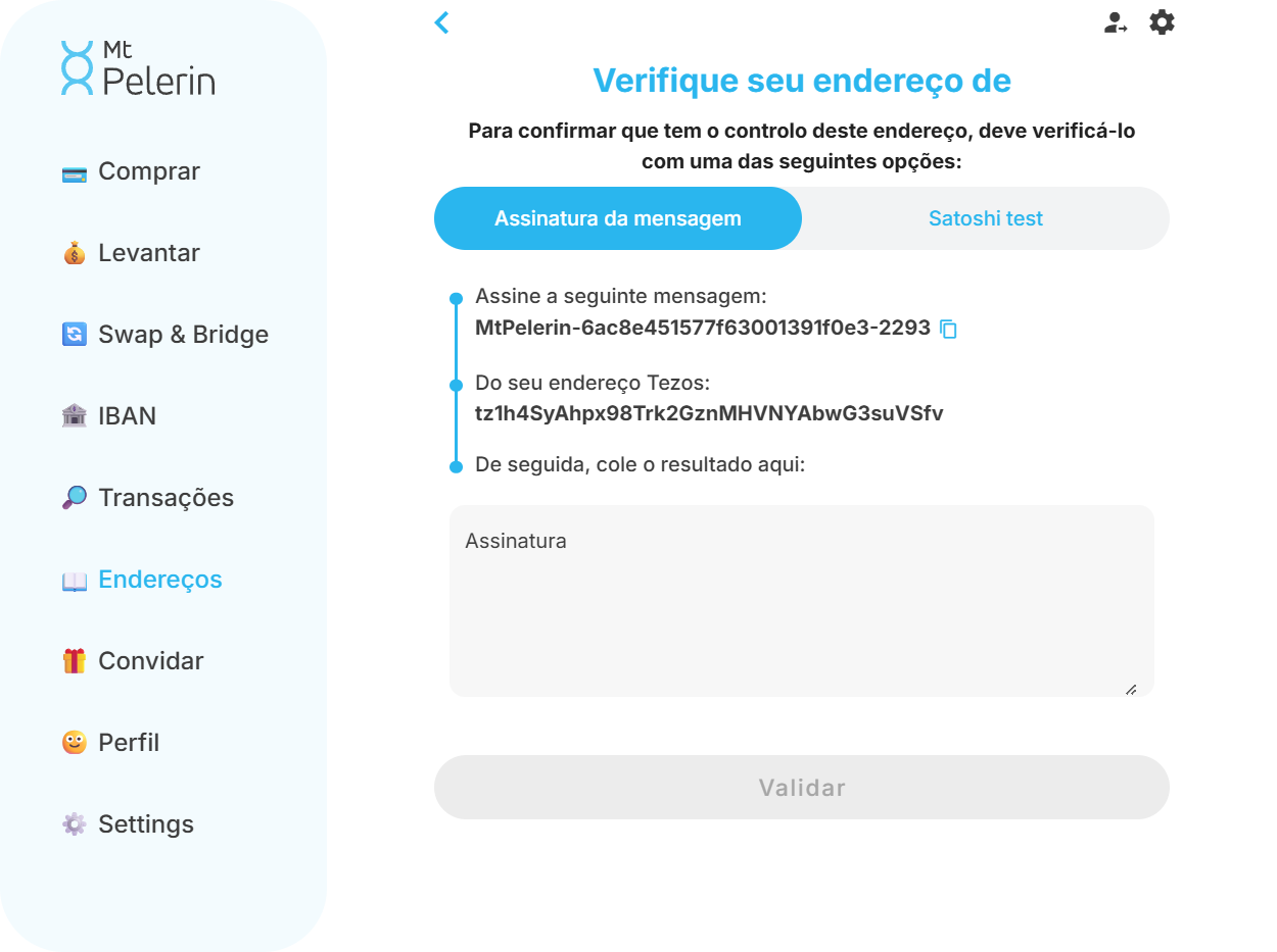 Captura de ecrã da aplicação web da Mt Pelerin para verificar um endereço Tezos por assinatura