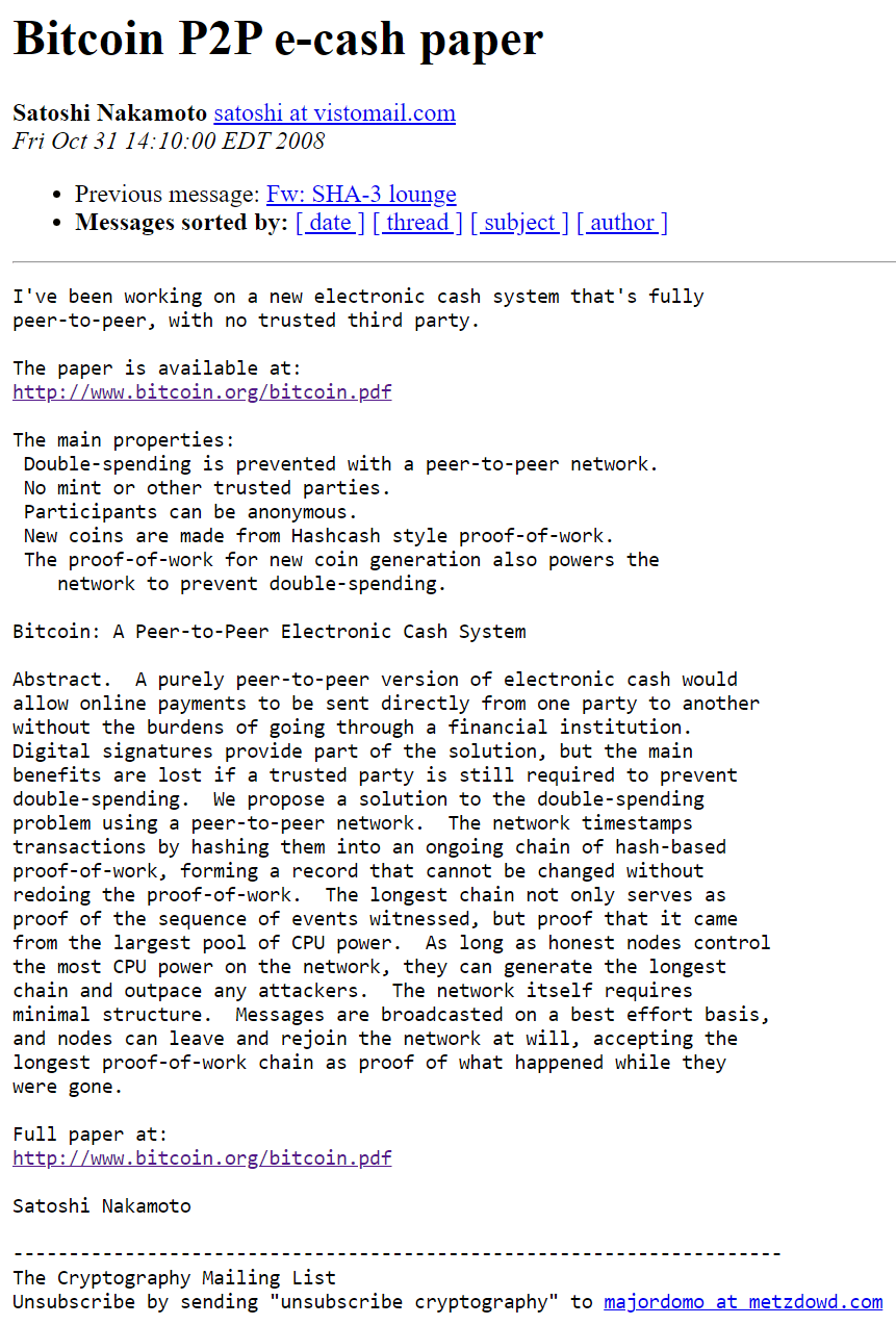 El correo electrónico de Bitcoin de Satoshi Nakamoto