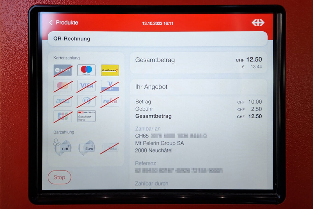 SBB/CFF/FFS train ticket vending machines QR-bill payment screen