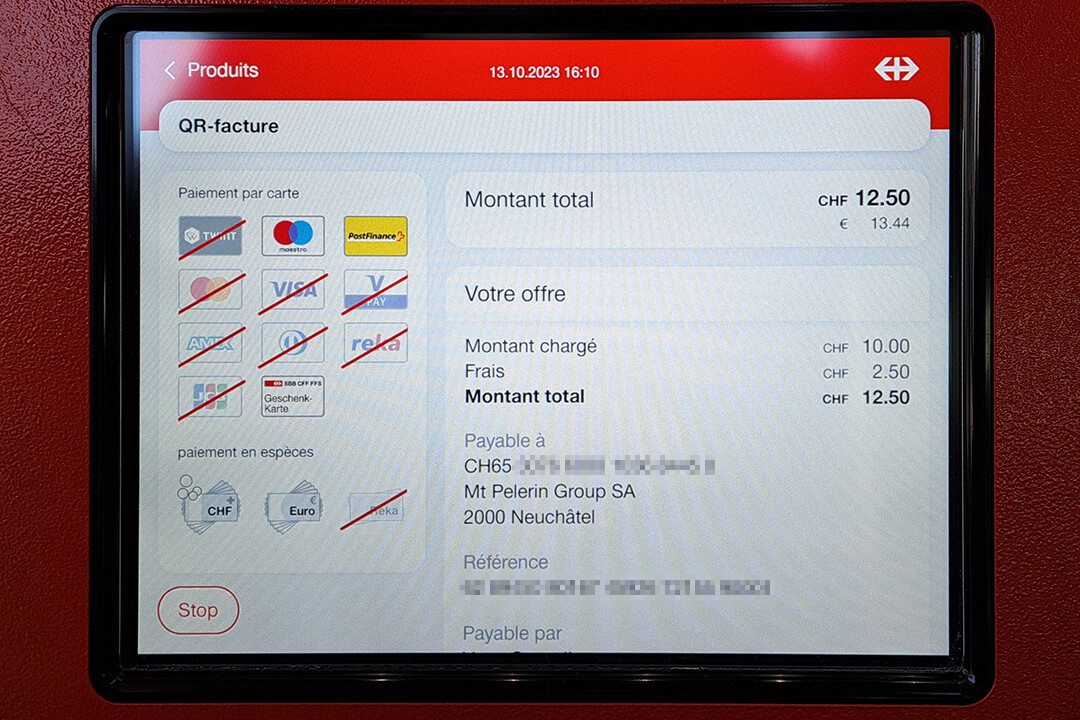 Distributeur de billets CFF écran paiement de QR-facture