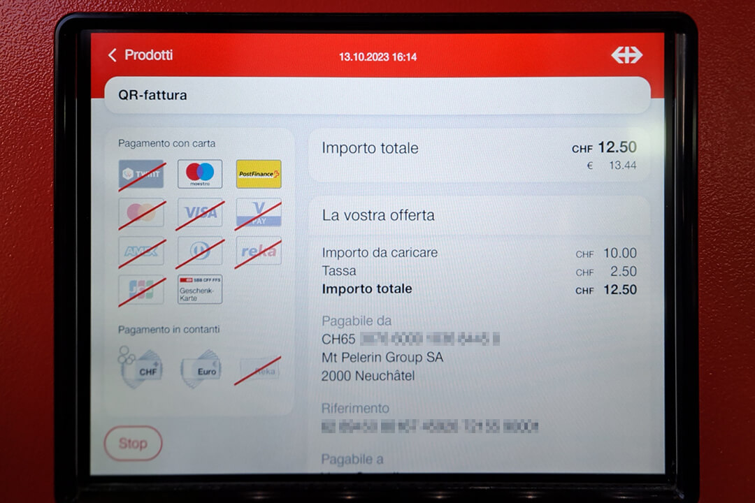 Biglietterie automatiche delle FFS schermata di pagamento QR-fattura
