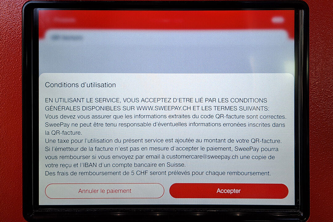 Distributeur de billets CFF écran conditions générales