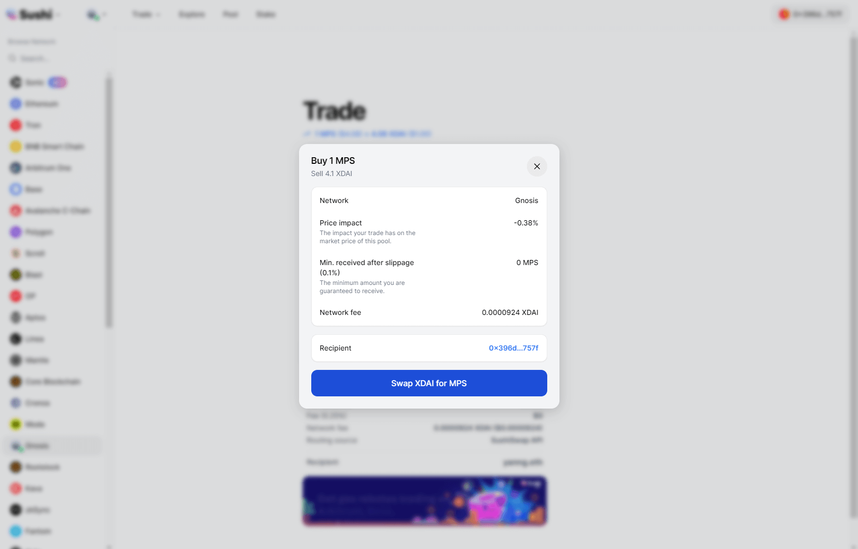 Sushi Swap - Gnosis Chain confirmer le swap