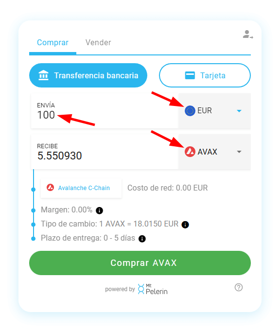 Mt Pelerin comprar AVAX widget screenshot 3