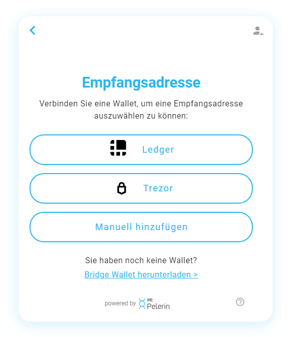Mt Pelerin Bitcoin Kauf-Widget - Empfangsadresse