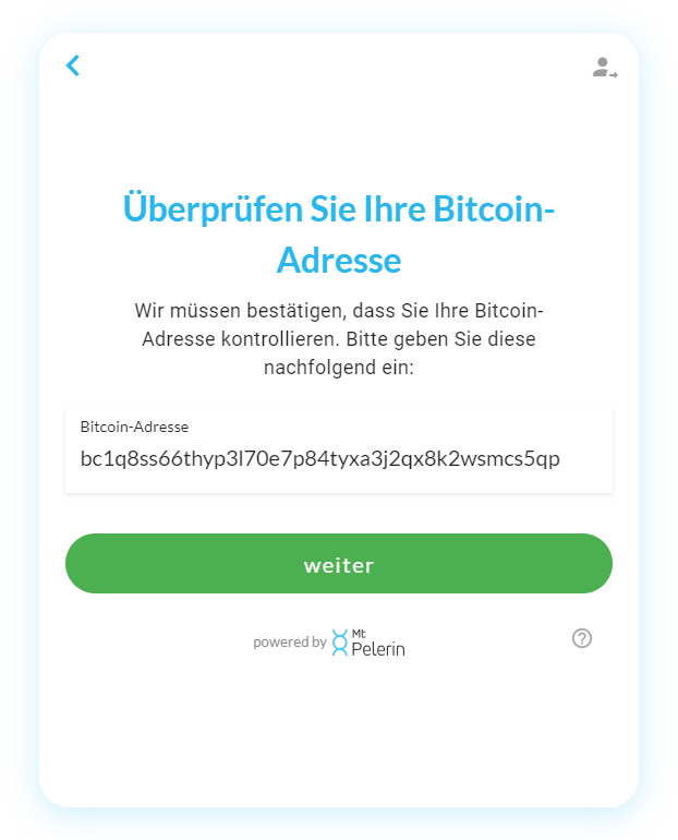 Mt Pelerin Widget - Bitcoin-Adresse hinzufügen